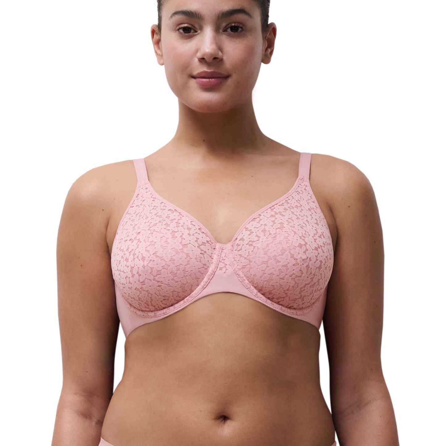 Woman wearing pink top on white background 